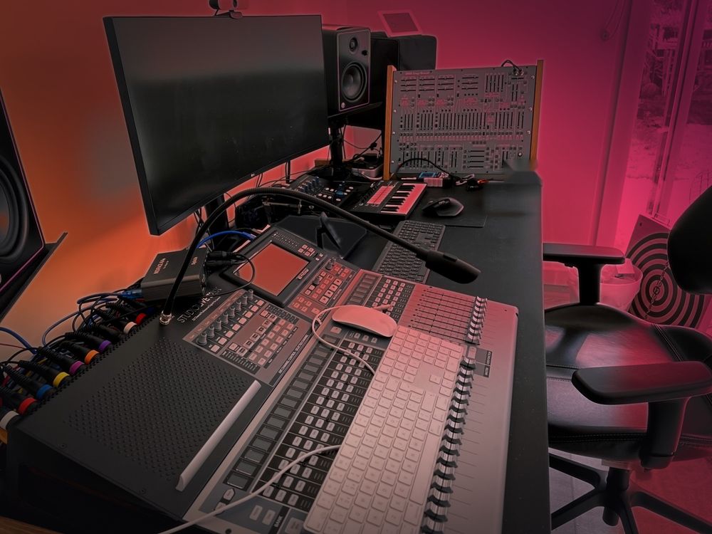 The Darktangle studio: a PreSonus StudioLive digital mixing desk, studio monitors and a modular synthesiser